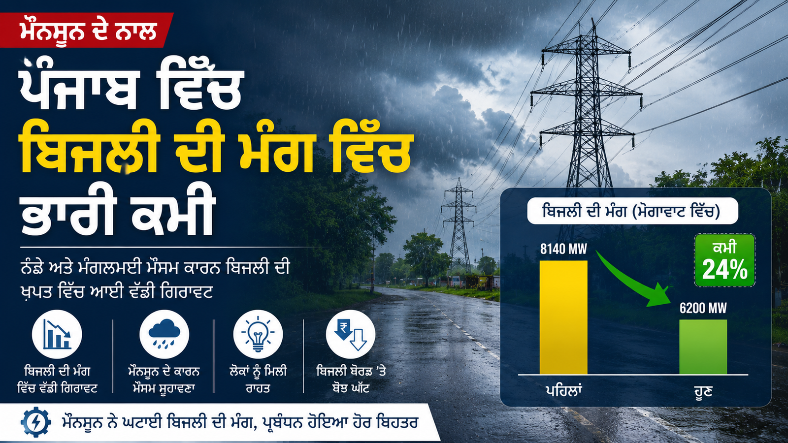 ਮੌਨਸੂਨ ਦੇ ਨਾਲ ਪੰਜਾਬ ਵਿੱਚ ਬਿਜਲੀ ਦੀ ਮੰਗ ਵਿੱਚ ਭਾਰੀ ਕਮੀ